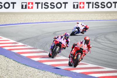 Francesco Bagnaia leads Jorge Martin, Marc Marquez, 2024 MotoGP Austrian Grand Prix. Credit: Gold and Goose.